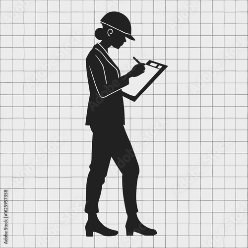 Silhouette of a woman engineer with helmet and clipboard, isolated on white background