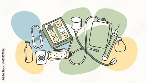 Collection of medical equipment including a blood pressure monitor iv bag syringe and other healthcare devices in a minimalist doodle style with pastel backgrounds