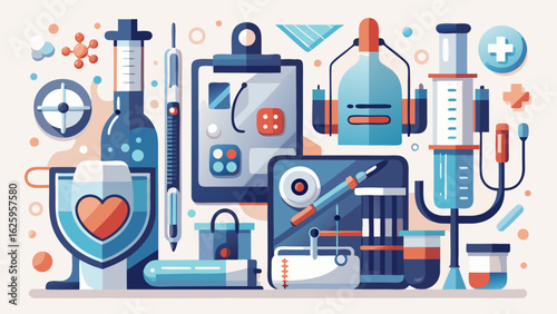 Modern flat illustration of medical equipment and scientific research tools arranged in a visually appealing composition
