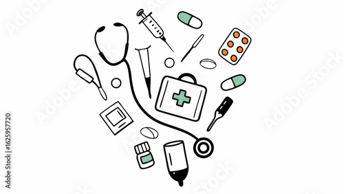 Collection of hand drawn medical supplies including a stethoscope syringe pills and first aid kit on a white background