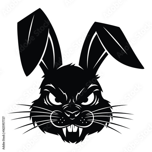 Fierce and menacing black rabbit head with sharp teeth and angry eyes presented in a bold silhouette style
