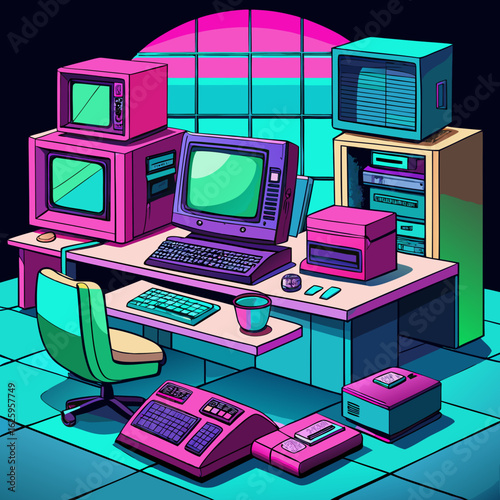 Retro computer setup with vintage electronics isolated on white background