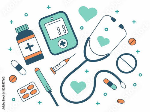 Collection of medical supplies including a stethoscope blood glucose meter syringe pills and medicine bottle with hearts and crosses