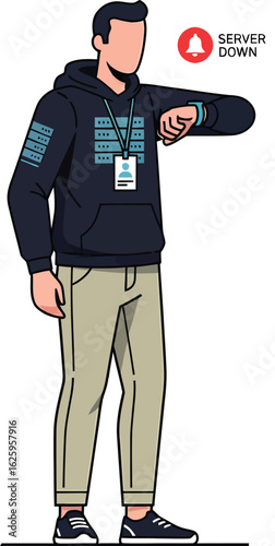 Man in Hoodie Checks Smartwatch with Server Down Alert.