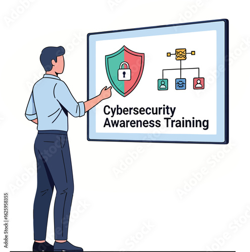Man presenting cybersecurity awareness training with shield and network diagram.