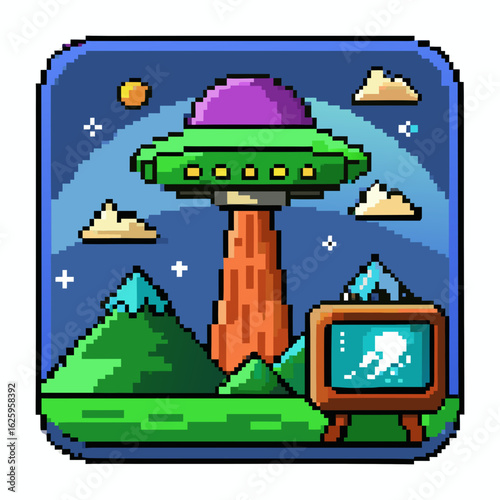 Pixel art ufo landing in a scenic landscape isolated on white background