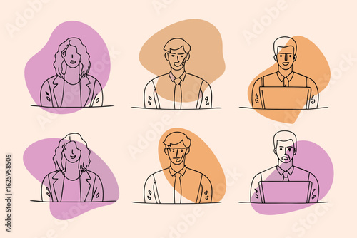 Diverse team of professionals depicted in a minimalist line art style with abstract colorful shapes representing individuality and collaboration