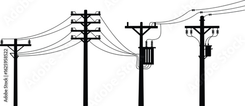 Utility electric power poles with cables, insulators, transformers, rural and urban electrical distribution network, flat vector illustration