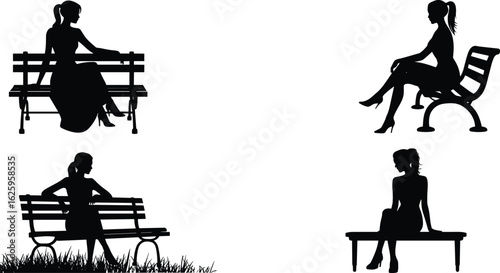 Silhouette of woman sitting on bench in different poses, outdoor park scene, side view vector illustration, modern feminine figure art