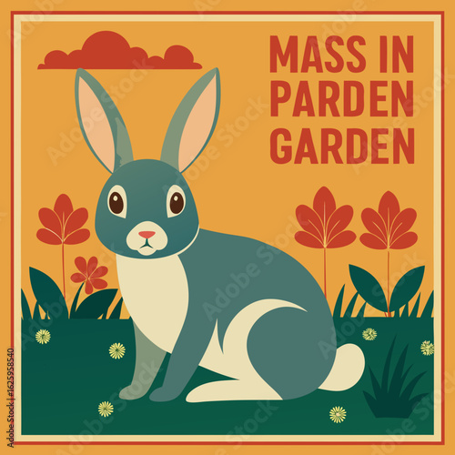 Cute cartoon rabbit sitting in a garden with stylized flowers and clouds retro poster style