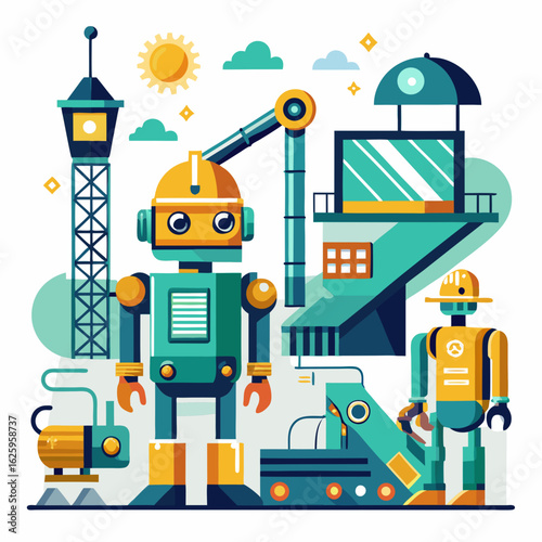 Robots and futuristic factory scene isolated on white background