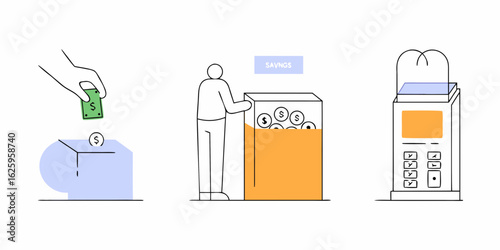 Illustration depicting the process of saving money from depositing cash to accumulating coins and using a financial machine