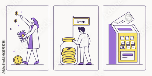 Three panel illustration depicting financial concepts saving money depositing funds and using an atm for transactions