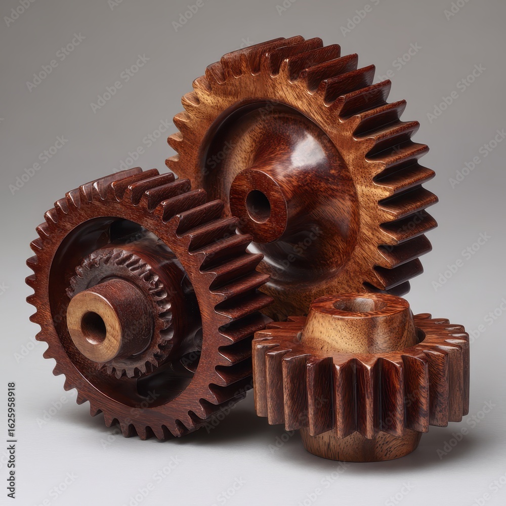Wooden gears rotate, demonstrating mechanics, innovation on gradient background. Tech use Wooden gears rotate, demonstrating mechanics, innovation on gradient background. Tech use