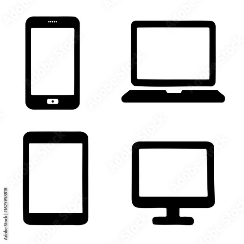 Illustration of four different digital devices, including a smartphone, tablet, laptop, and desktop computer