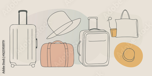 Collection of travel essentials including suitcases duffel bag tote bag and hats depicted in a minimalist line art style with pastel colors
