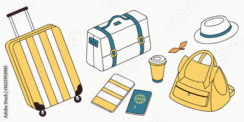 A collection of travel essentials including a striped suitcase duffel bag passport hat and coffee cup perfect for vacation planning