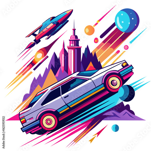 Retro futuristic car and rocket in vibrant cityscape isolated on white background