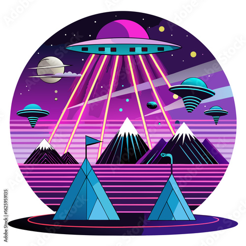 Retro sci fi alien invasion with ufos over mountains isolated on white background