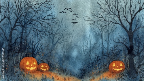 watercolor Halloween landscape, spooky carved pumpkins with glowing faces, eerie foggy forest, leafless trees, flying bats, misty background