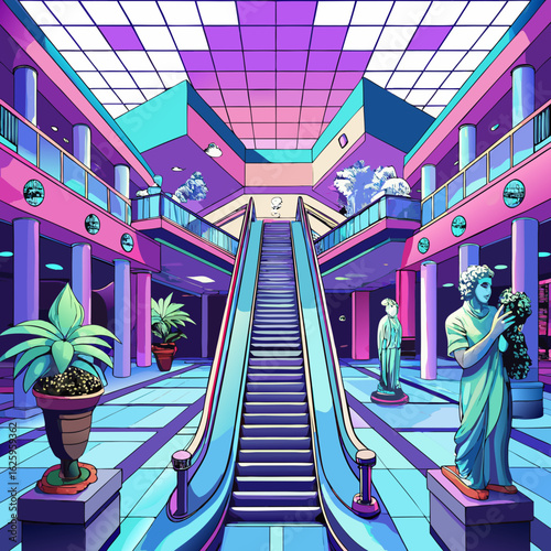 Retro futuristic shopping mall with escalator and statues isolated on white background