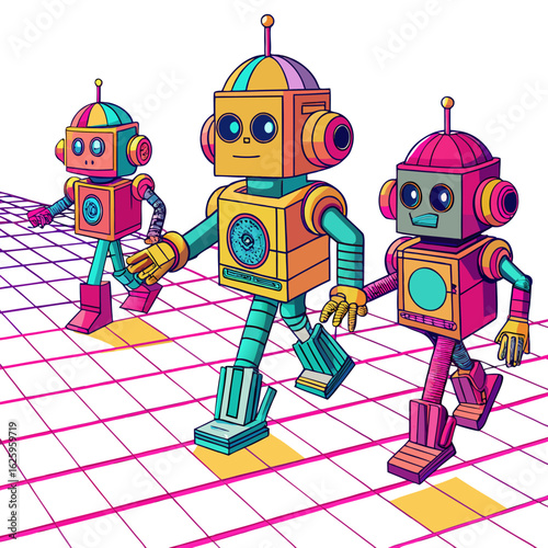 Three colorful retro robots walking together on a grid isolated on white background