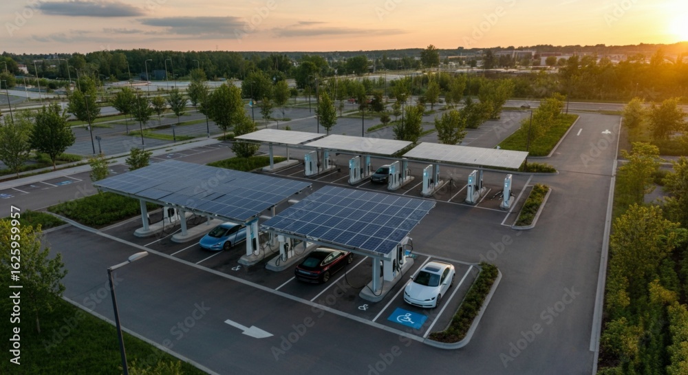 Modern Solar-Powered EV Charging Station with Electric Cars at Sunset Modern Solar-Powered EV Charging Station with Electric Cars at Sunset