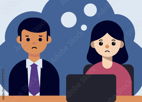 Two diverse colleagues looking sad and worried while working together at their desks with thought bubbles above their heads
