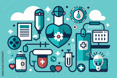 Modern flat design illustration of medical equipment and healthcare symbols in a stylized abstract composition on a teal background