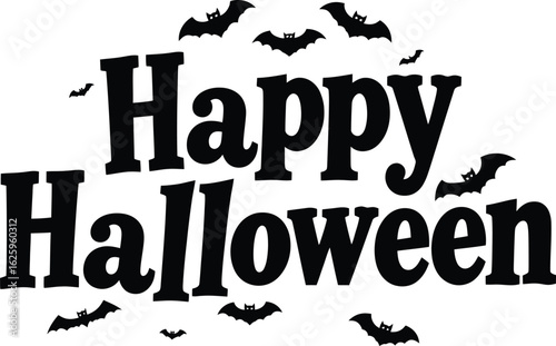 Happy Halloween greeting text with spooky flying bats illustration