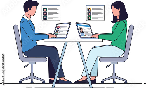 Two people reviewing resumes on laptops at a table.