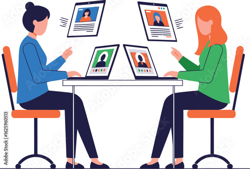 Two women in a video conference call interacting with digital profiles.