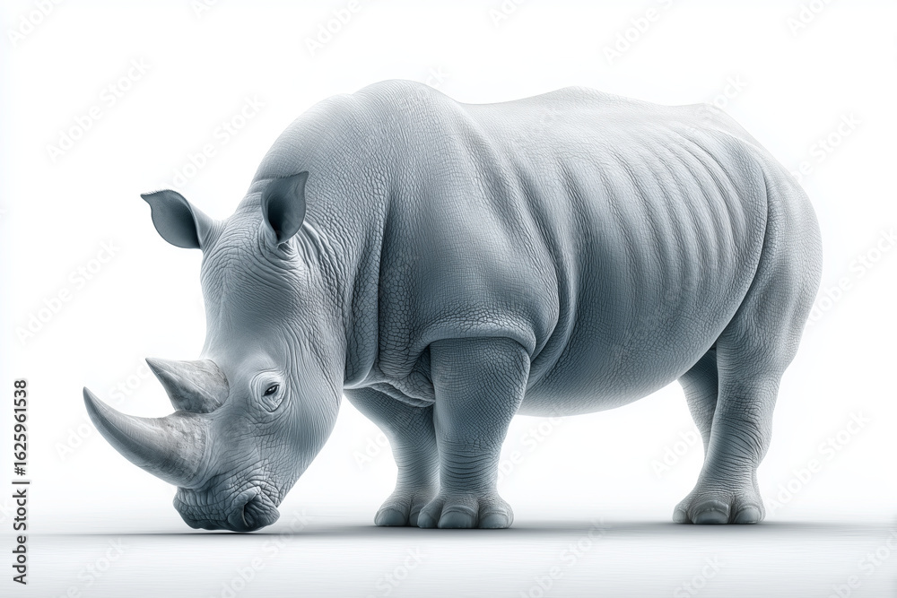 Fototapeta premium Majestic rhinoceros animal in profile shows strength and power. Isolated wildlife on pure white background with clean, simple details