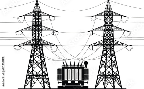 Electrical substation transformer, high voltage power lines, electricity transmission infrastructure, energy distribution network, flat vector illustration
