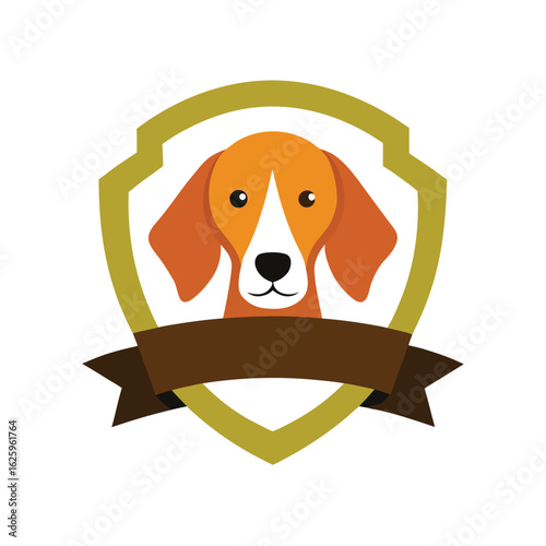 Foxhound head in hunter badge with loyal hound ribbon vector art illustration