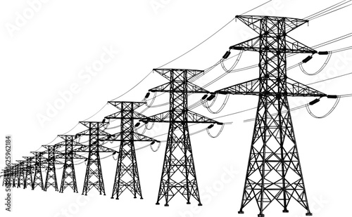 High voltage power transmission lines, electricity pylons, energy grid infrastructure, detailed engineering drawing, flat vector illustration