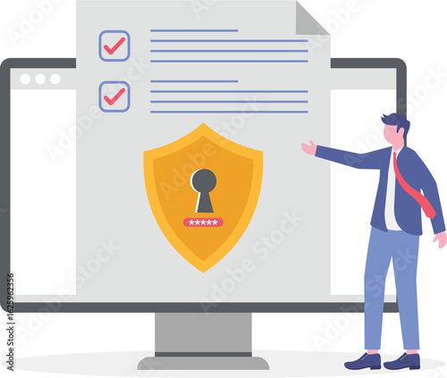 Flat illustration of man reviewing security policies and protocols to ensure compliance with industry standards
