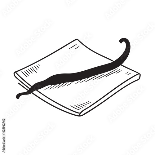 A single vanilla bean resting on a paper sheet in doodle style