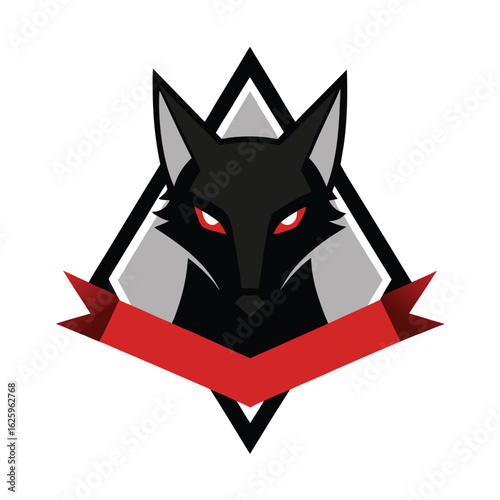 Jackal head in shadowy triangle badge with sly ribbon tag vector art illustration
