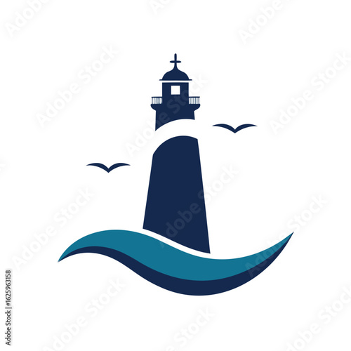 Lighthouse with waves and seagulls in classic travel icon vector art illustration