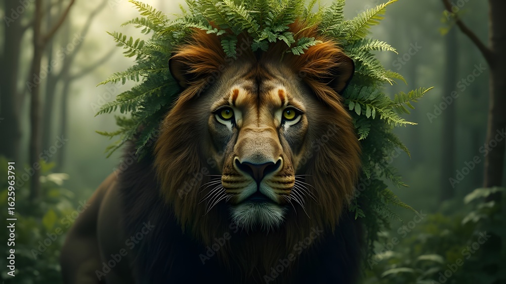 Naklejka premium Majestic lion with fern and vine mane, bark face, green eyes, jungle sunlight, fantasy portrait