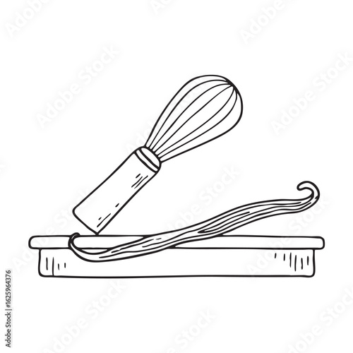 A vanilla pod beside a whisk on the counter in hand drawn style
