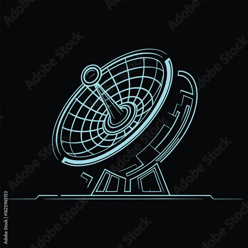 Futuristic satellite dish in digital wireframe style with glowing neon lines on dark background, vector illustration design