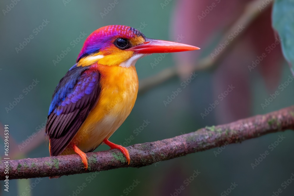 Fototapeta premium Colorful Oriental Dwarf Kingfisher Perched on Branch in Lush Green Forest