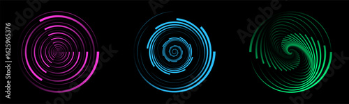 Abstract spiral shape set with glowing circular lines in vibrant pink, blue, and green tones on black background, perfect for digital art, motion graphics, or technology themed design elements