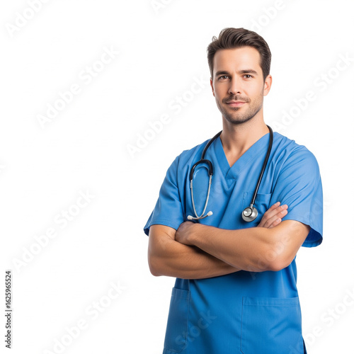 confident male doctor in blue scrubs with stethoscope