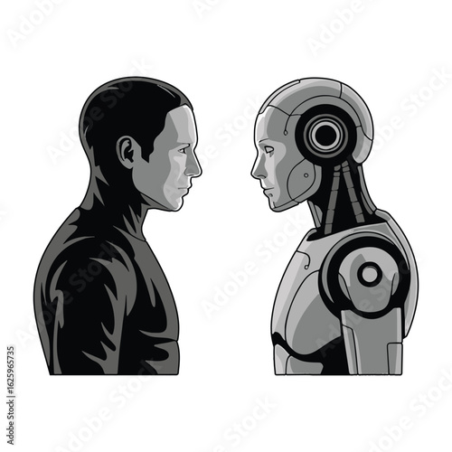 Black and white minimal concept of human confronting robot in future AI evolution theme, vector illustration design