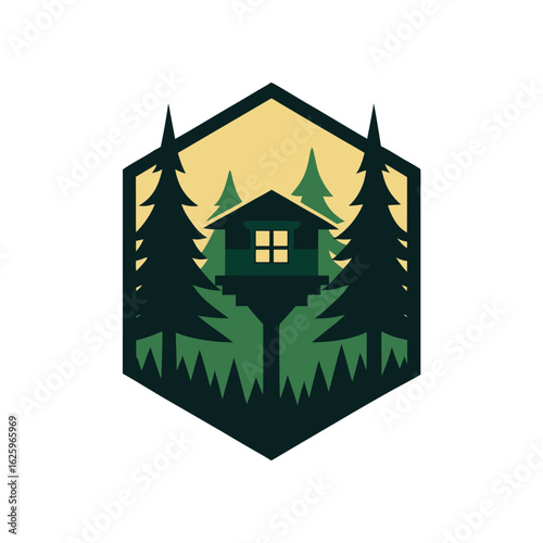 Treehouse among forest canopy adventure nature theme vector art illustration