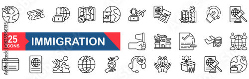 Immigration icon set. Contains such icons as visa, passport, migrant, customs officer, international flights, country, border crossing, airport, illegals, baggage examination, immigration and more