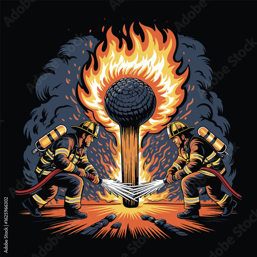 Firefighters battling massive burning portal with epic explosion effect in dramatic fantasy scene, vector illustration design